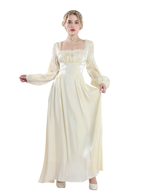 Nspstt Cream Regency Gown Set – Vintage Lace Bodice & Lantern Sleeve Renaissance Dress