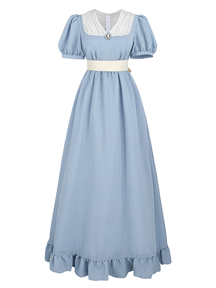 Nspstt Renaissance Dress Women – Vintage Cotton Lace Trim Tiered Ruffle Maxi Dress in Grey Blue
