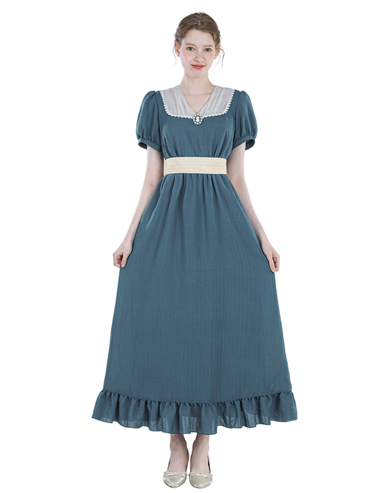 Nspstt Renaissance Dress Women – Vintage Cotton Lace Trim Tiered Ruffle Maxi Dress in Grey Blue