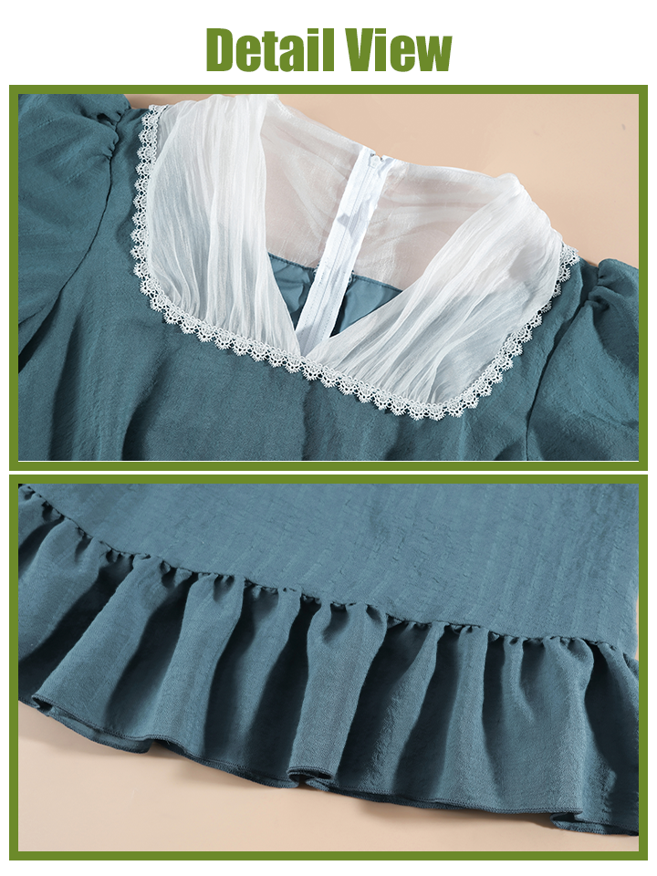 Nspstt Renaissance Dress Women – Vintage Cotton Lace Trim Tiered Ruffle Maxi Dress in Grey Blue