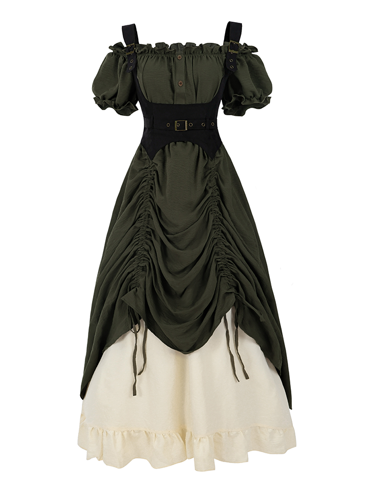 Nspstt Renaissance Off Shoulder Puff Sleeve Maxi Dress – High Waist Lace Trim Dress in Olive Green