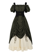 Nspstt Renaissance Off Shoulder Puff Sleeve Maxi Dress – High Waist Lace Trim Dress in Olive Green