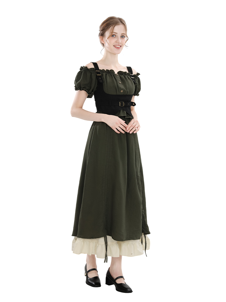 Nspstt Renaissance Off Shoulder Puff Sleeve Maxi Dress – High Waist Lace Trim Dress in Olive Green