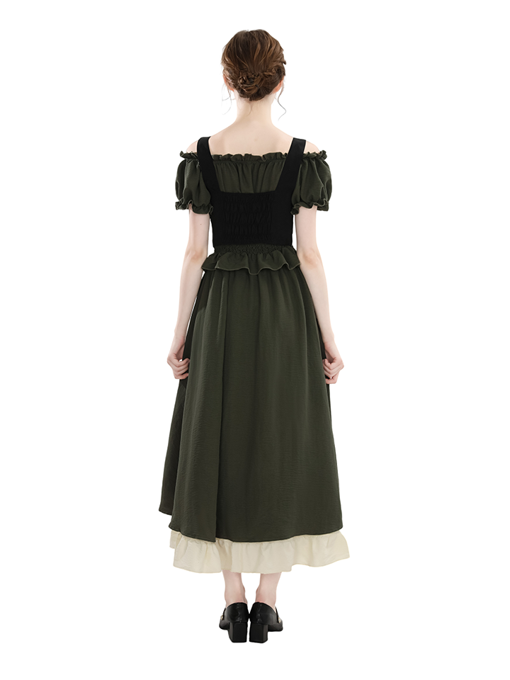 Nspstt Renaissance Off Shoulder Puff Sleeve Maxi Dress – High Waist Lace Trim Dress in Olive Green