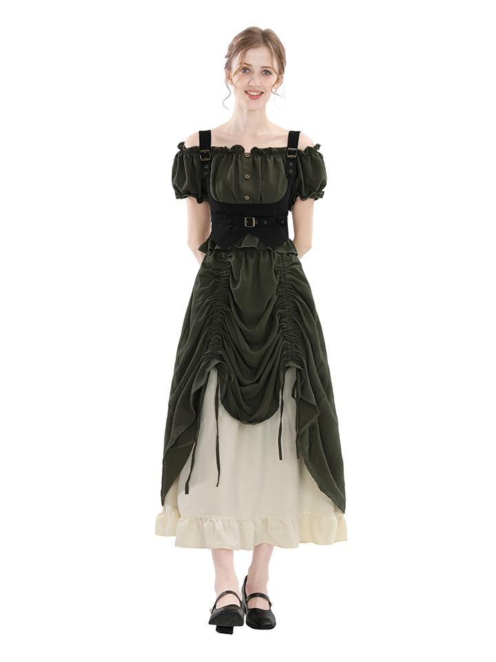 Nspstt Renaissance Off Shoulder Puff Sleeve Maxi Dress – High Waist Lace Trim Dress in Olive Green