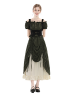 Nspstt Renaissance Off Shoulder Puff Sleeve Maxi Dress – High Waist Lace Trim Dress in Olive Green
