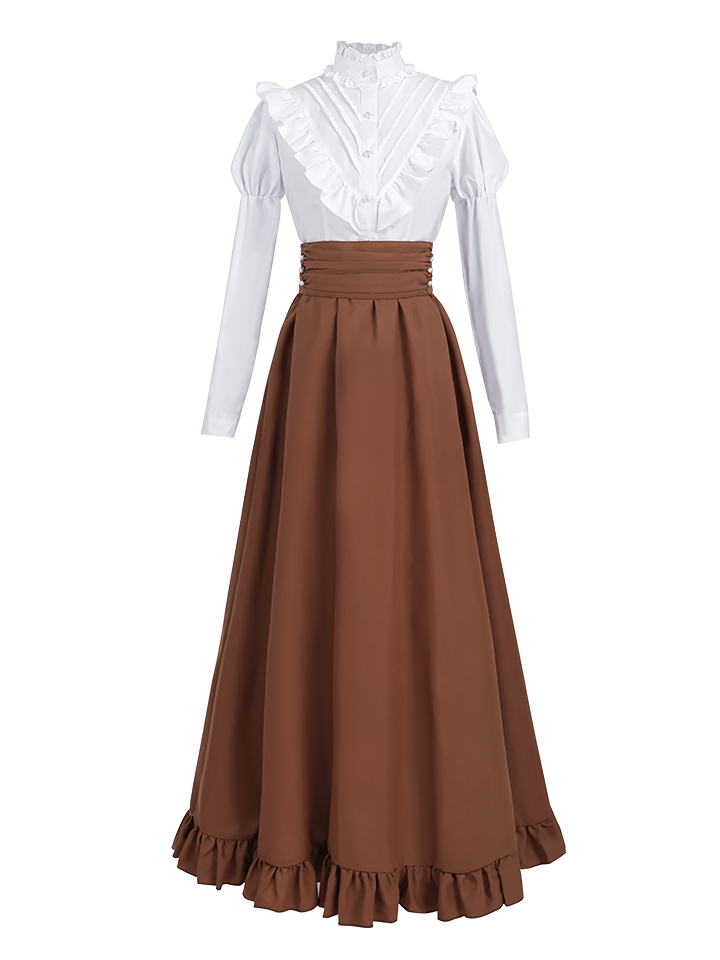 Nspstt Victorian Peasant Dress Set - Ruffle Blouse Tiered Skirt for Women