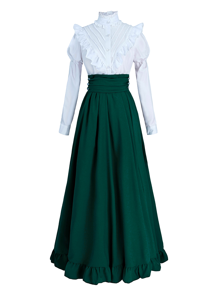 Nspstt Victorian Peasant Dress Set - Ruffle Blouse Tiered Skirt for Women