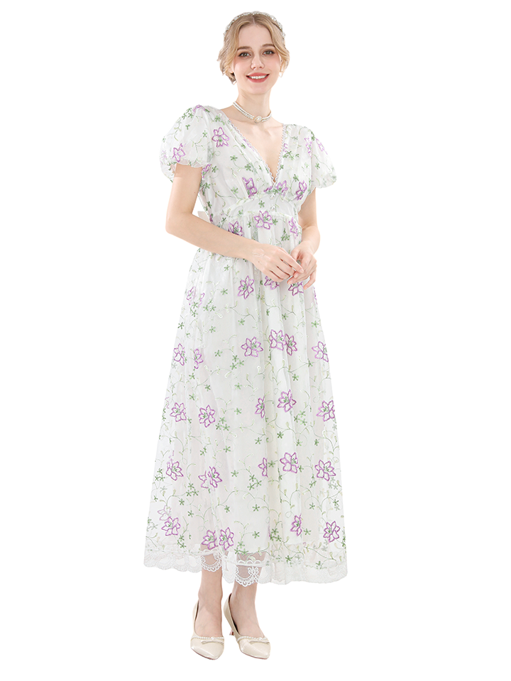 Nspstt Floral Embroidered Dress - Lace Trim Cottagecore Maxi Gown