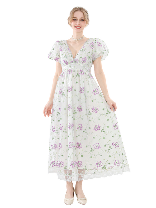 Nspstt Floral Embroidered Dress - Lace Trim Cottagecore Maxi Gown
