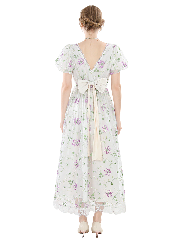 Nspstt Floral Embroidered Dress - Lace Trim Cottagecore Maxi Gown