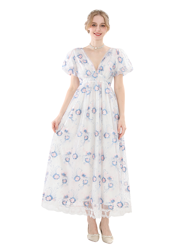 Nspstt Maxi Dress Long - Renaissance Floral Puff Sleeve Costume