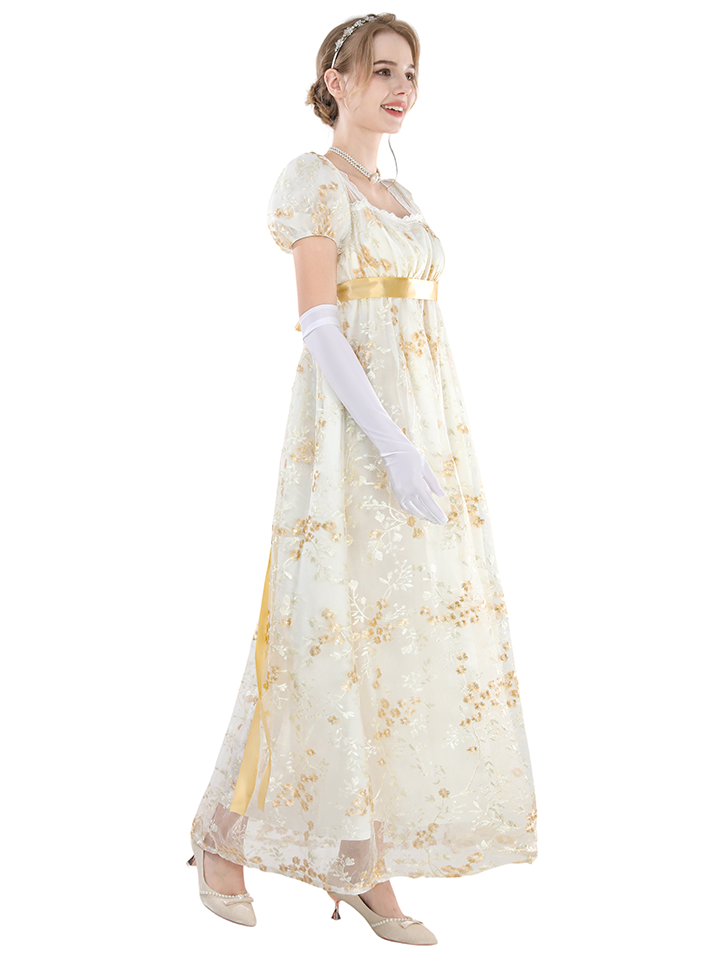 Nspstt Puff Sleeve Dress - Floral Embroidered Victorian Renaissance Gown