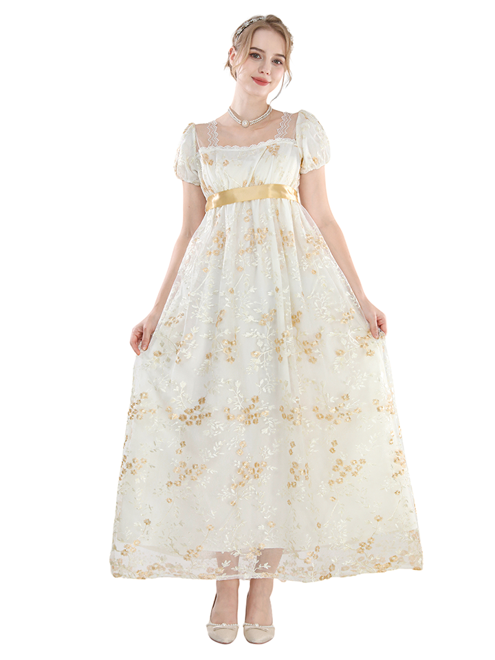 Nspstt Puff Sleeve Dress - Floral Embroidered Victorian Renaissance Gown