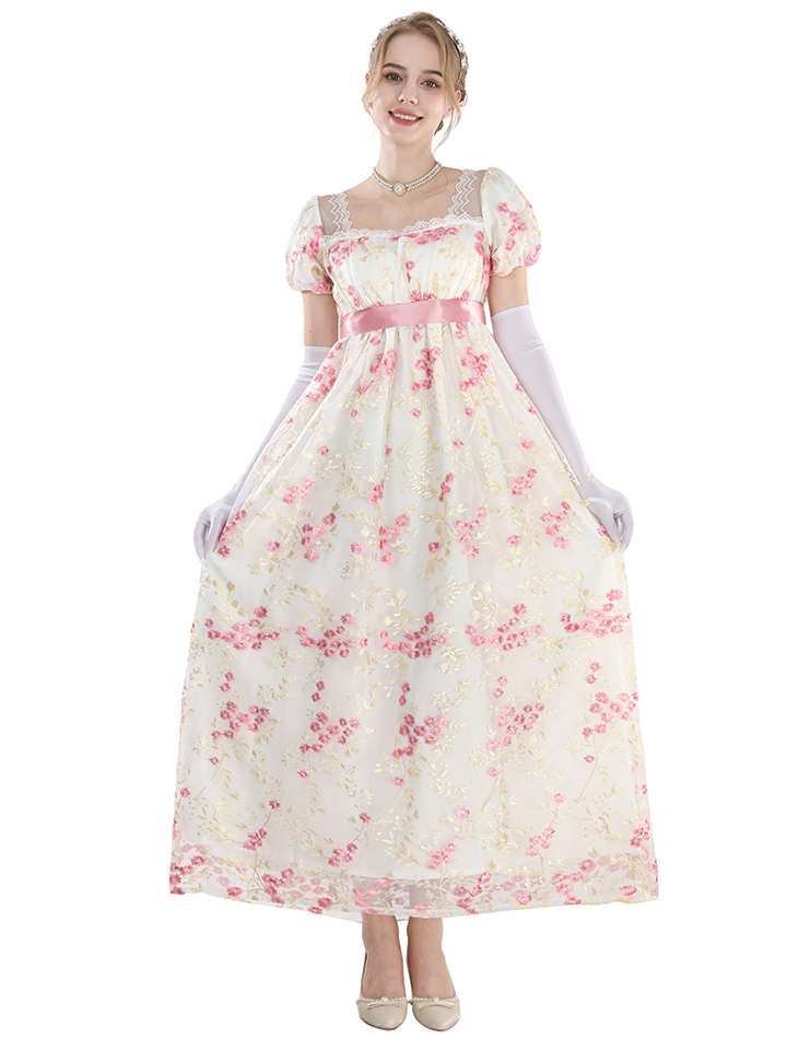 Nspstt Renaissance Ball Gown - Puff Sleeve Floral Embroidered Dress
