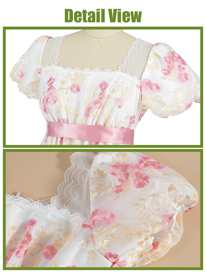 Nspstt Renaissance Ball Gown - Puff Sleeve Floral Embroidered Dress