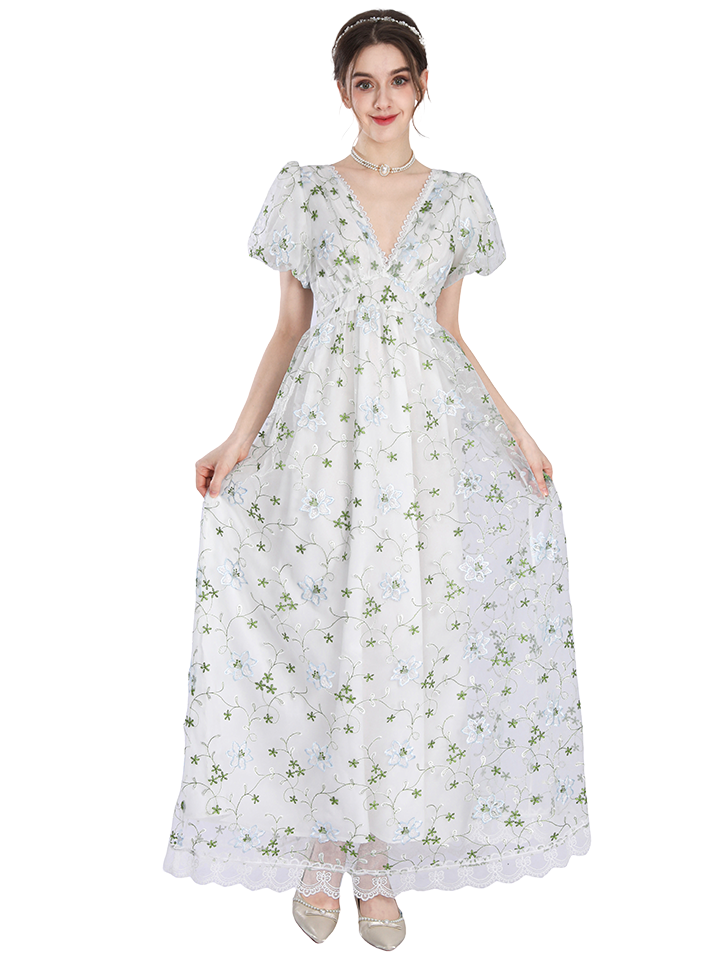 Nspstt Renaissance Dress Women - Floral Embroidered Puff Sleeve Maxi Dress