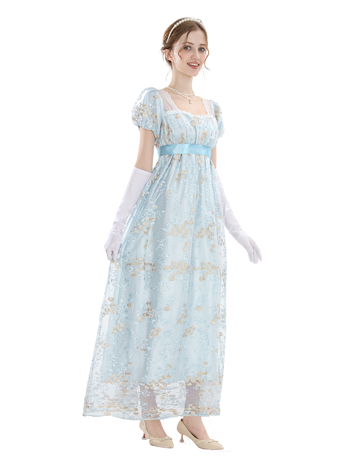 Nspstt Renaissance Dress Women - Floral Embroidered Puff Sleeve Satin Gown