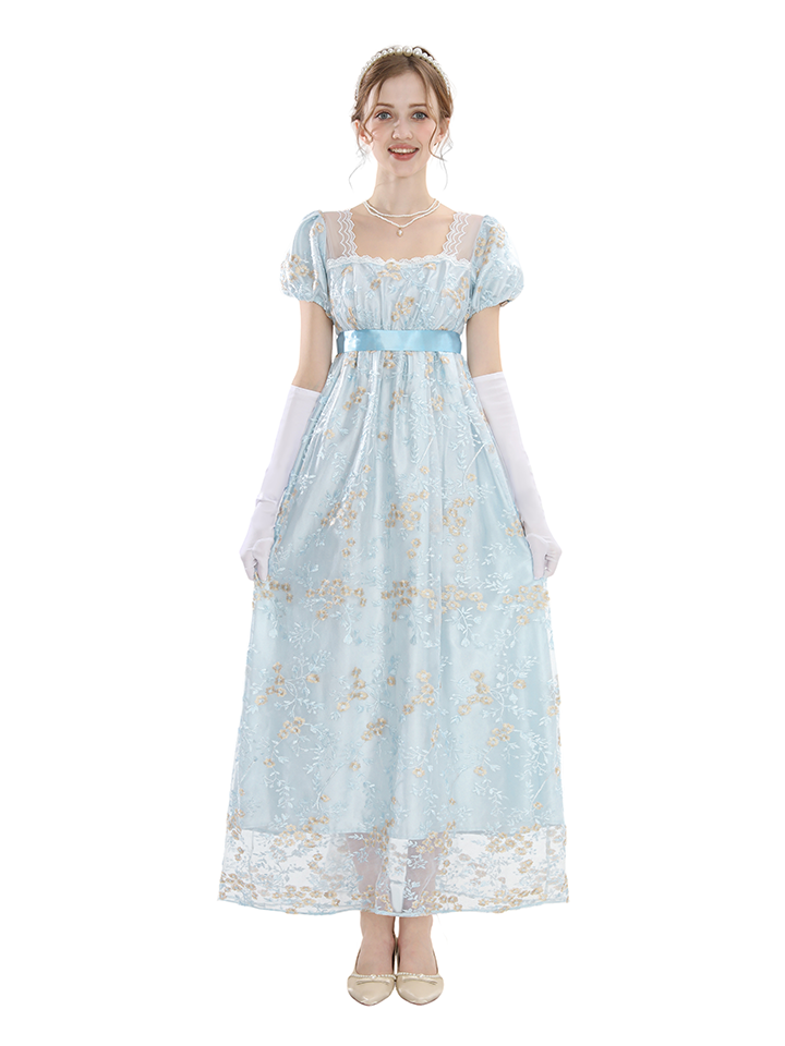 Nspstt Renaissance Dress Women - Floral Embroidered Puff Sleeve Satin Gown