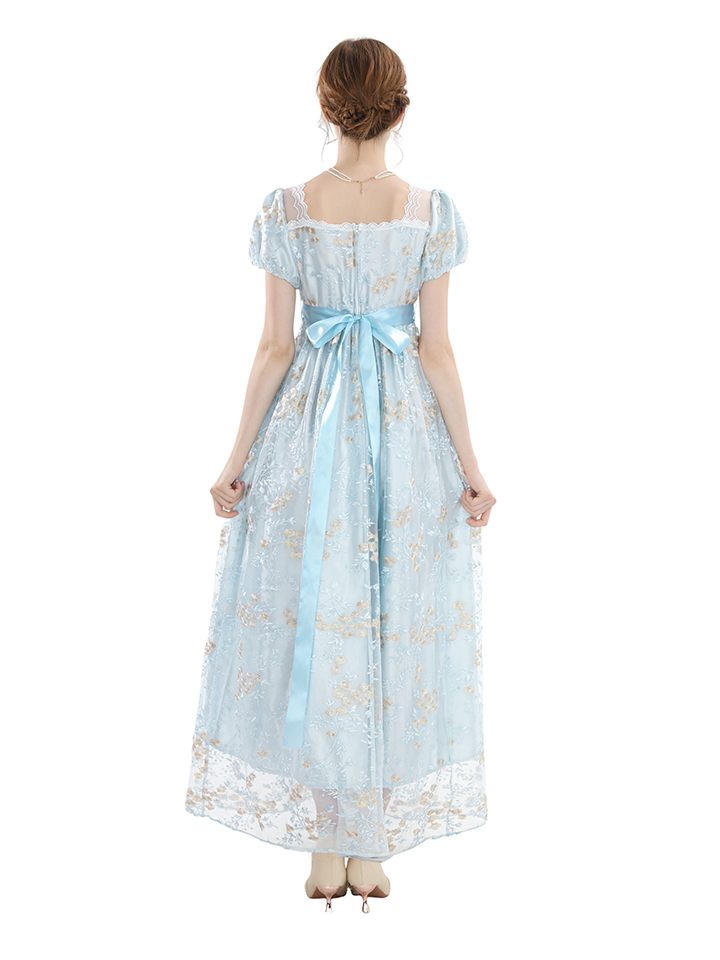 Nspstt Renaissance Dress Women - Floral Embroidered Puff Sleeve Satin Gown