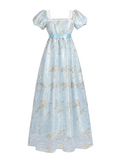 Nspstt Renaissance Dress Women - Floral Embroidered Puff Sleeve Satin Gown