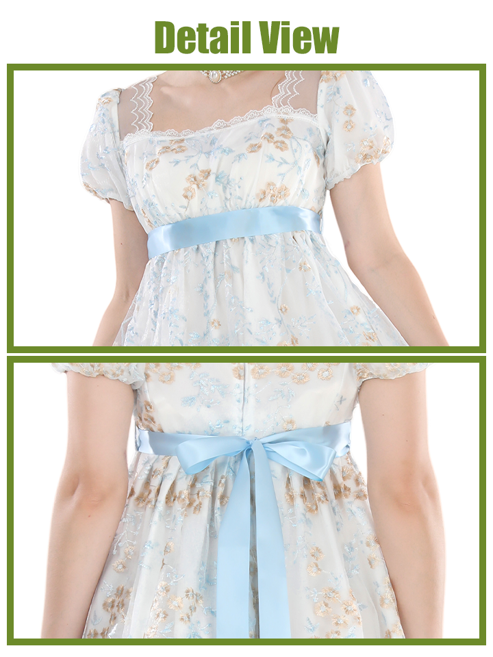 Nspstt Renaissance Fair Costume - Puff Sleeve Lace Trim Maxi Dress