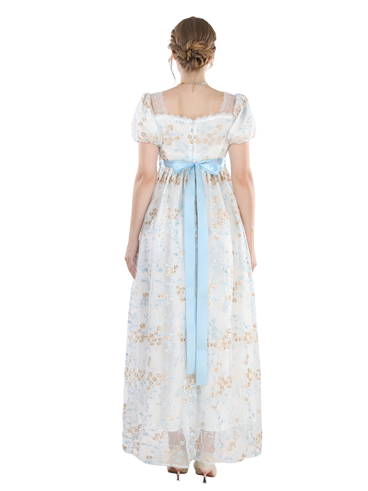 Nspstt Renaissance Fair Costume - Puff Sleeve Lace Trim Maxi Dress