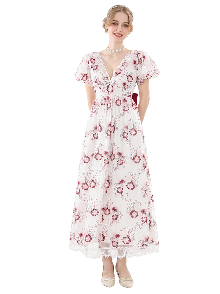 Nspstt Renaissance Fairy Dress - Floral Embroidered Cottagecore Maxi Dress