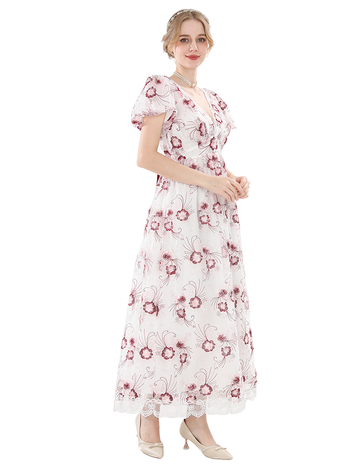 Nspstt Renaissance Fairy Dress - Floral Embroidered Cottagecore Maxi Dress