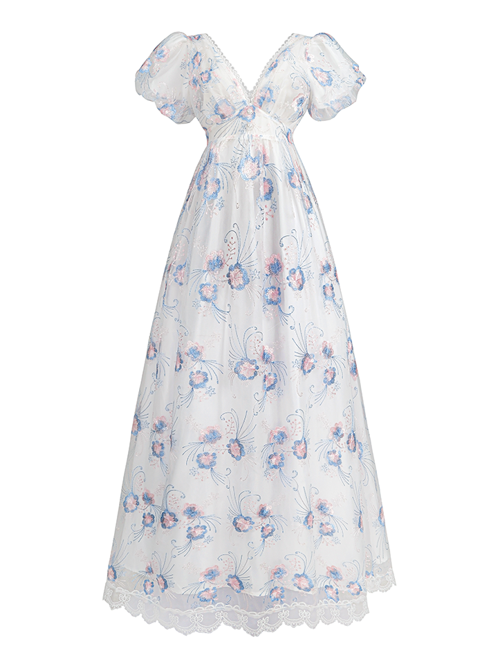 Nspstt Renaissance Fairy Dress - Floral Embroidered Cottagecore Maxi Dress